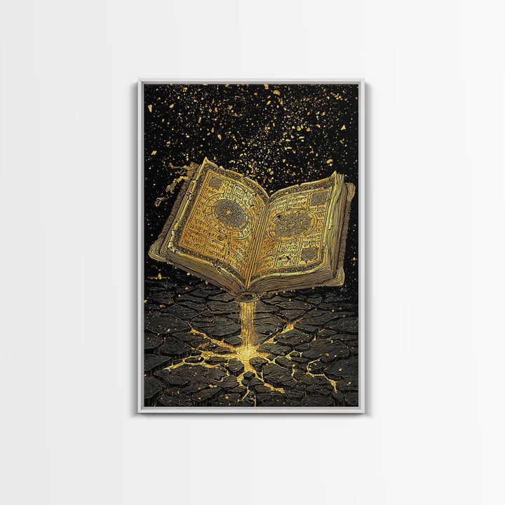 Nordic Spellbook Canvas Gold Art Canvas Art | Viking Runes Mythology Wall Decor for Man Cave or Office | Framed with Wood