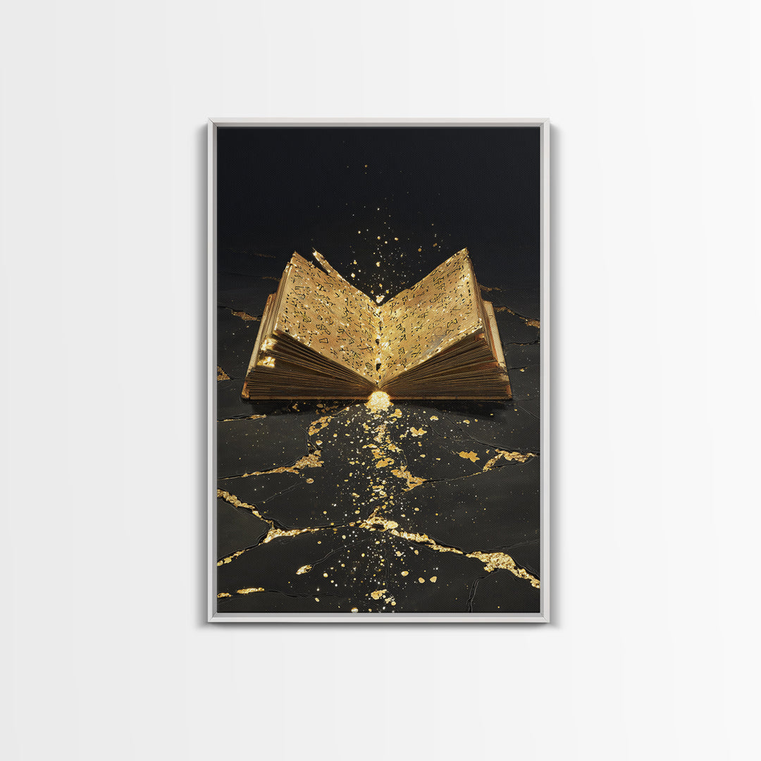 Ancient Rune Book Canvas Gold Art Canvas Art | Norse Mythology Viking Decor for Office Art or Man Cave | Natural Wood Framing