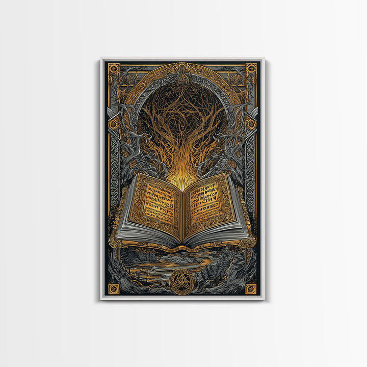 Viking Grimoire Canvas Gold Art Canvas Art | Norse Mythology Rune Book Wall Decor for Dad Gift or Study | Framed in Real Wood