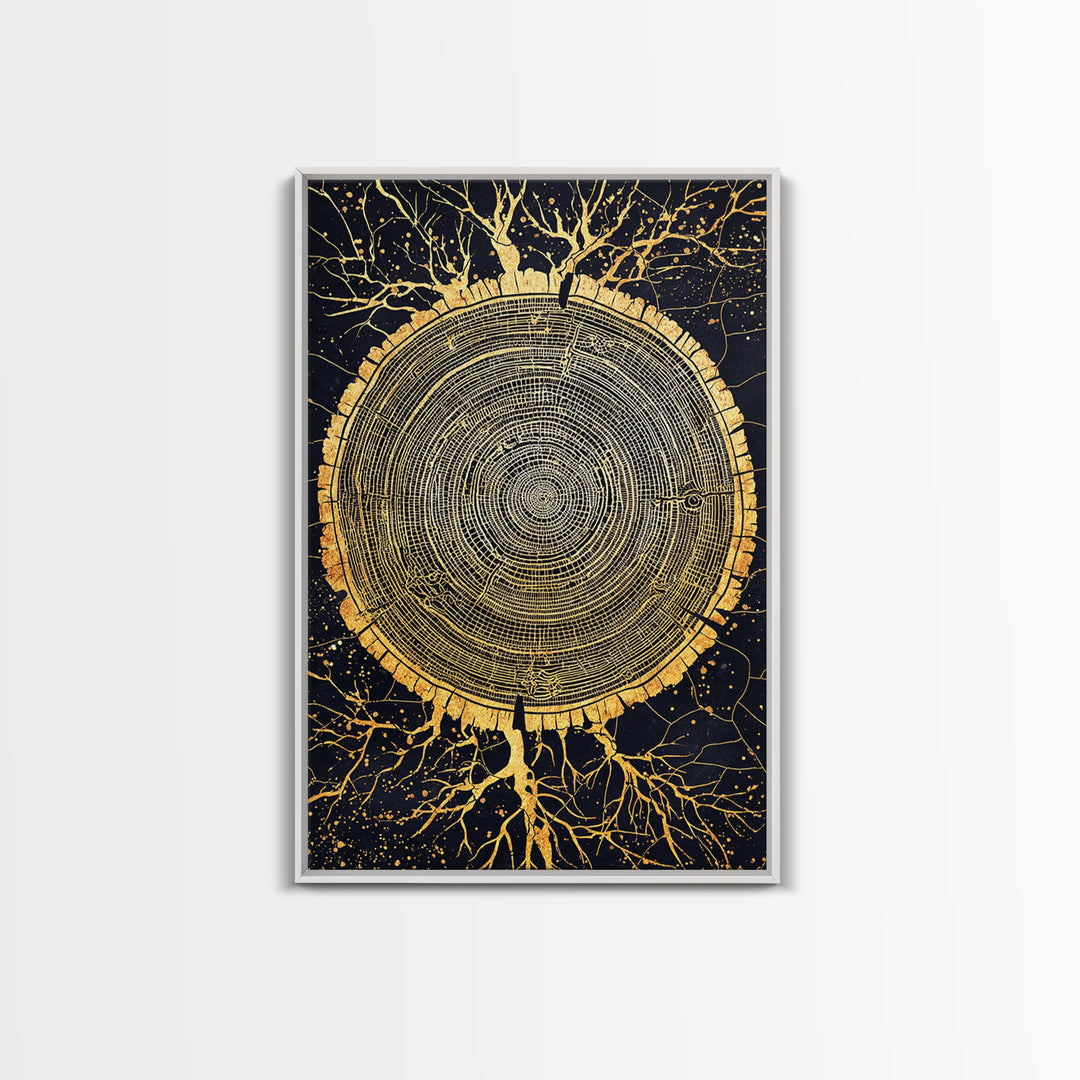 Canvas Gold Art of Yggdrasil Inspired Tree Rings, Norse Mythology Canvas Art for Dad Gift or Study, handcrafted real wood frame