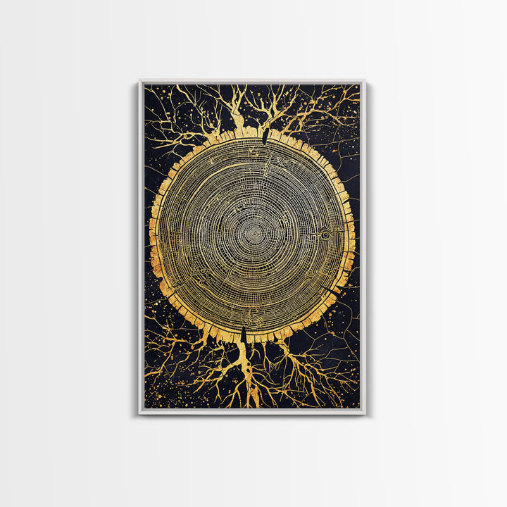 Canvas Gold Art of Yggdrasil Inspired Tree Rings, Norse Mythology Canvas Art for Dad Gift or Study, handcrafted real wood frame