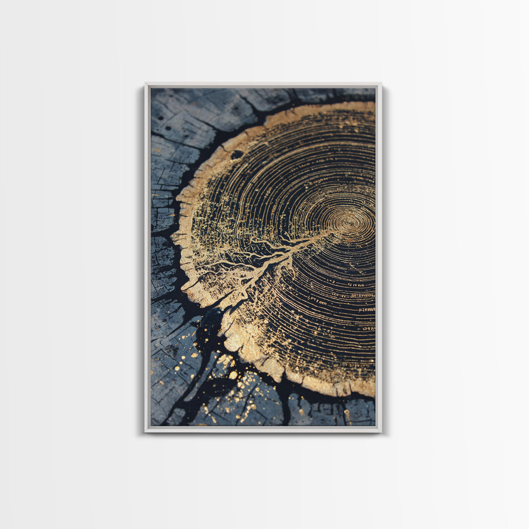 Odin’s Yggdrasil Tree Ring Canvas Gold Art, Nordic Mythology Canvas Art for Man Cave or Office, framed in natural real wood