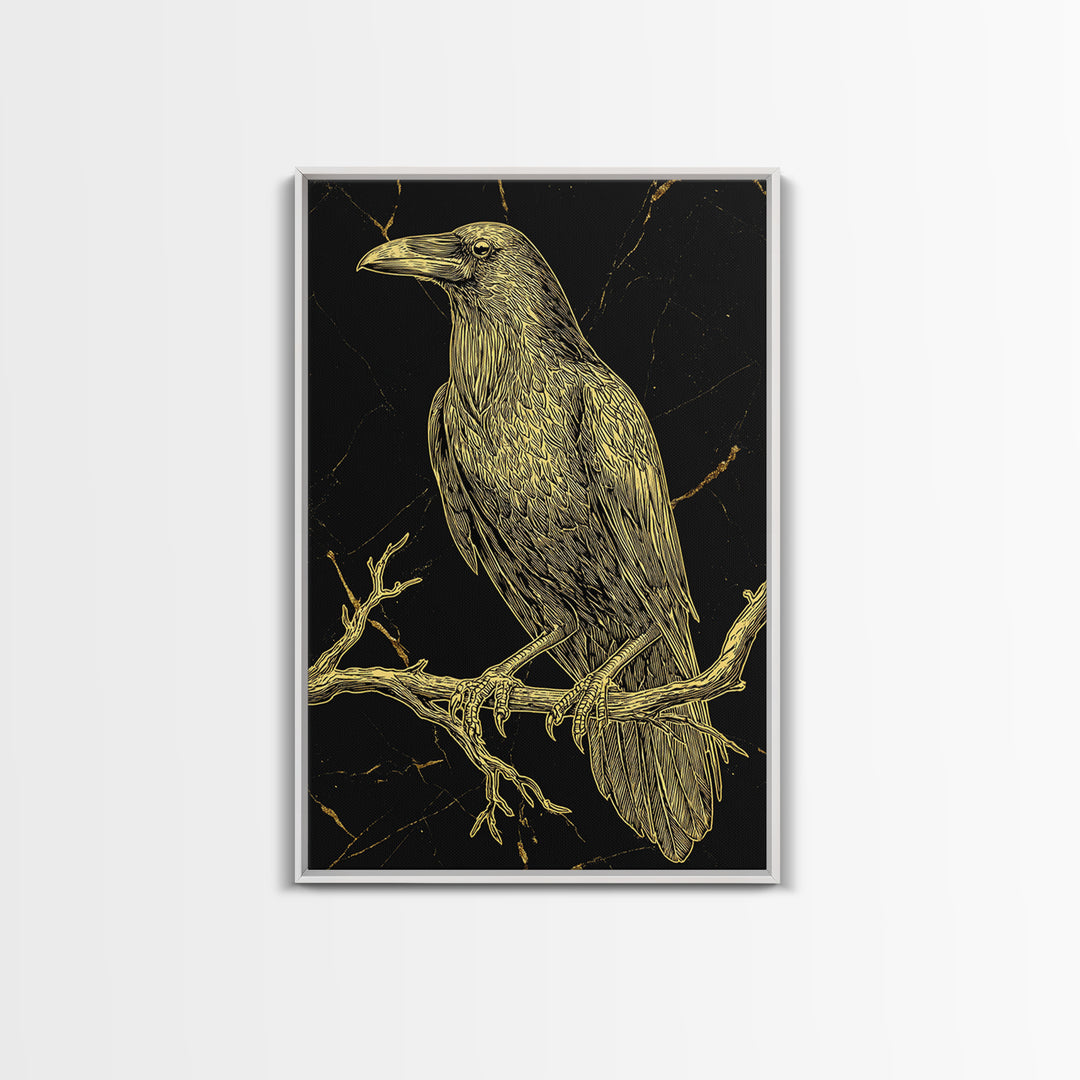 Raven Canvas Gold Art Wall Decor, Huginn and Muninn Inspired Norse Mythology Canvas Art for Office or Man Cave, in real wood frame