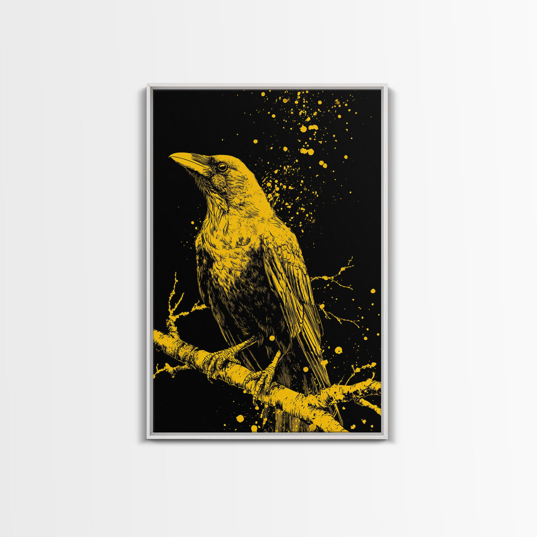 Nordic Mythology Raven Canvas Gold Art, Odin’s Huginn Raven Canvas Art for Dad Gift, Office or Study, framed with natural wood