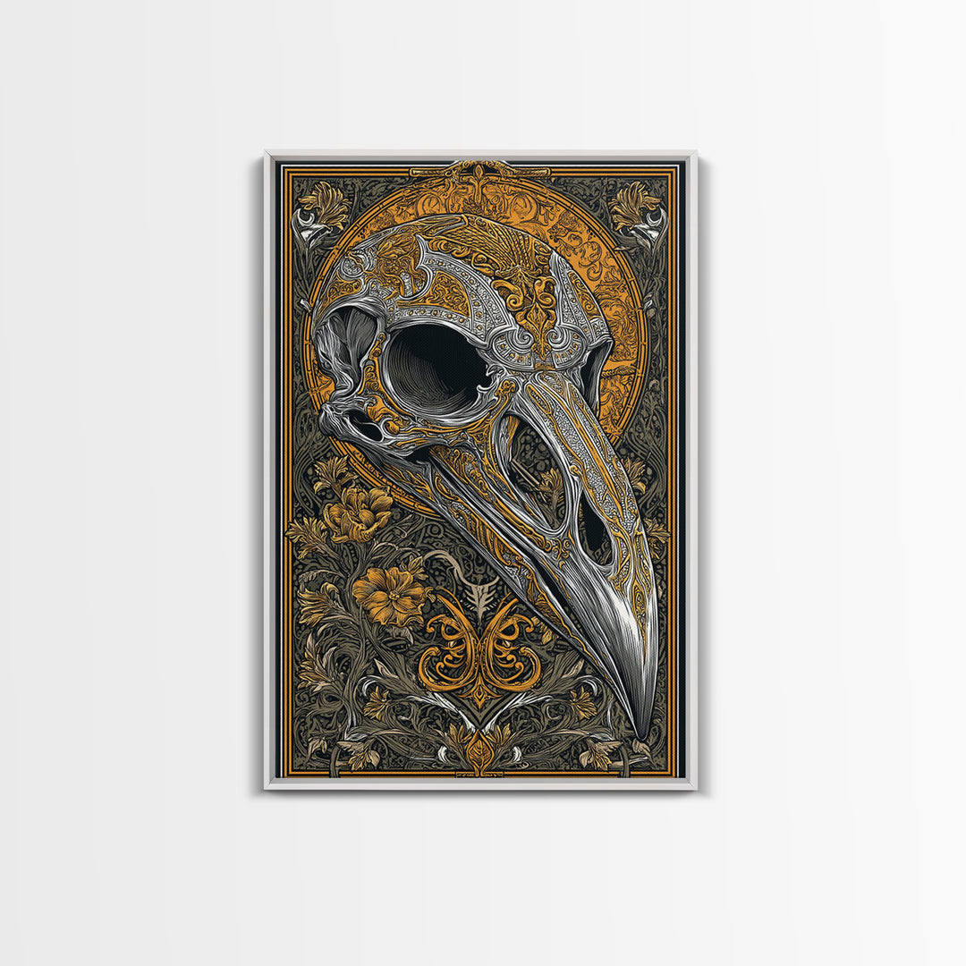 Norse Crow Skull Canvas Gold Art, Nordic Mythology Canvas Art for Man Cave or Office, framed in handcrafted real wood frame