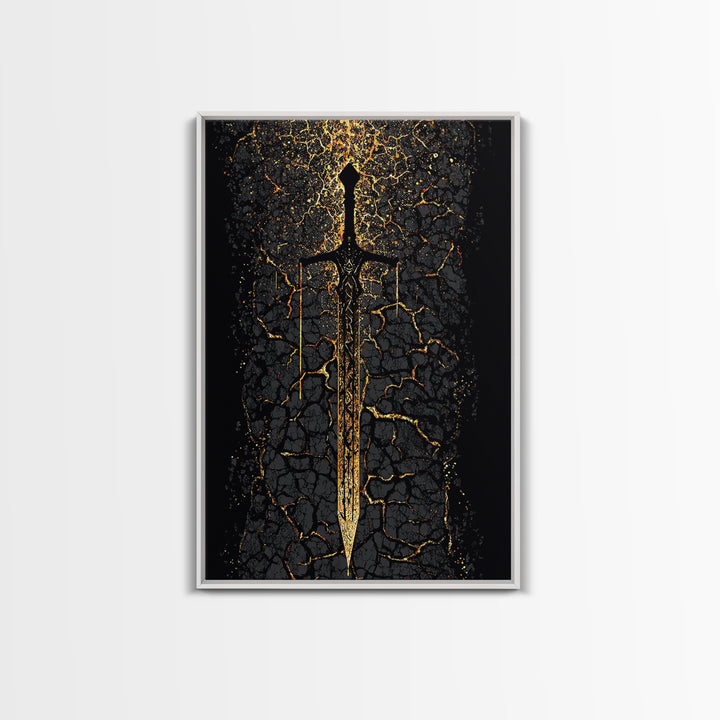 Viking Sword Canvas Gold Art, Norse Mythology Canvas Art Wall Decor for Dad Gift, Office or Study, framed with natural real wood