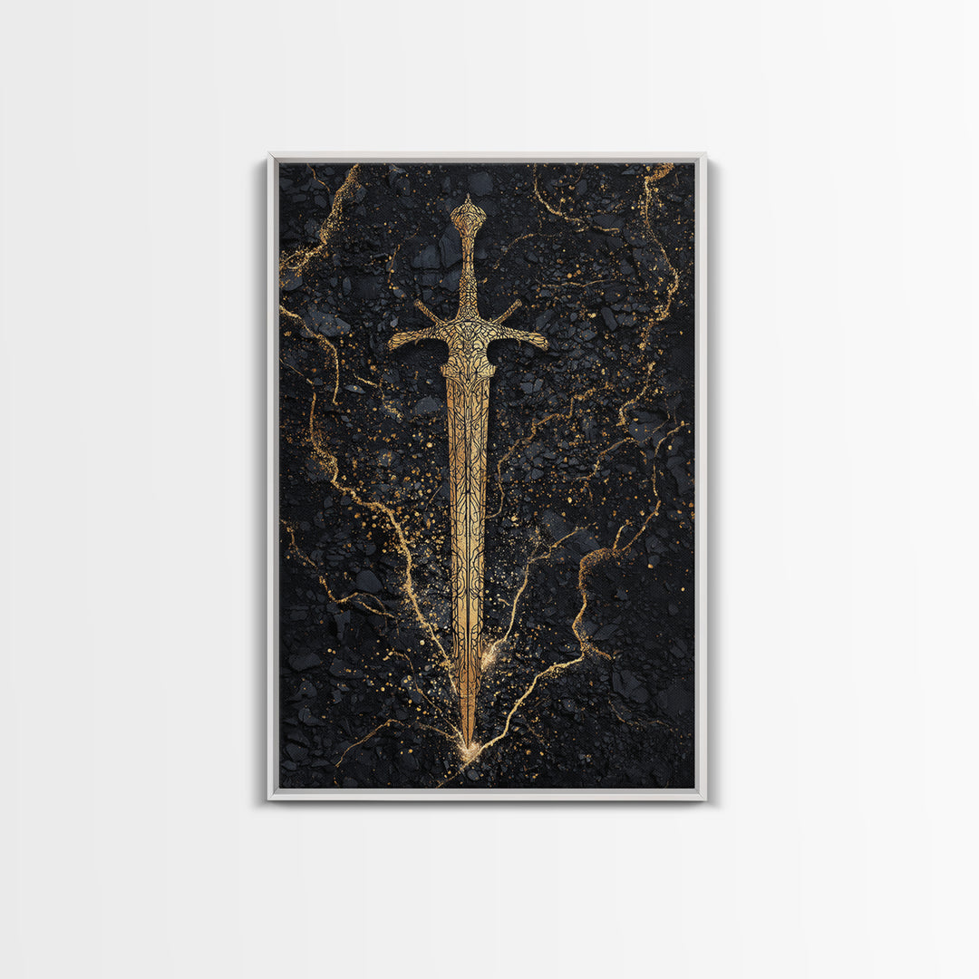 Nordic Sword of Legends Canvas Gold Art, Norse Mythology Inspired Canvas Art for Man Cave or Office, with real wood frame
