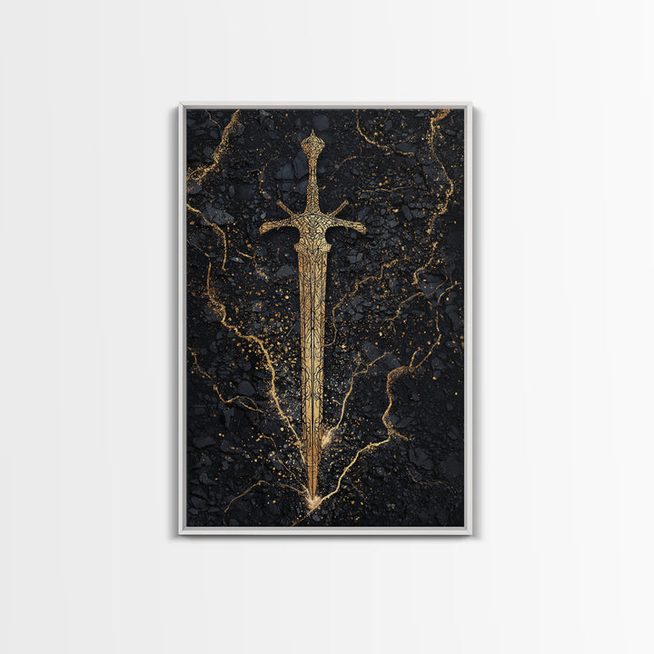 Nordic Sword of Legends Canvas Gold Art, Norse Mythology Inspired Canvas Art for Man Cave or Office, with real wood frame