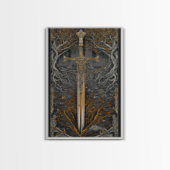 Yggdrasil Sword Canvas Gold Art, Nordic Mythology Canvas Art for Office or Dad Gift, handcrafted and framed in real natural wood