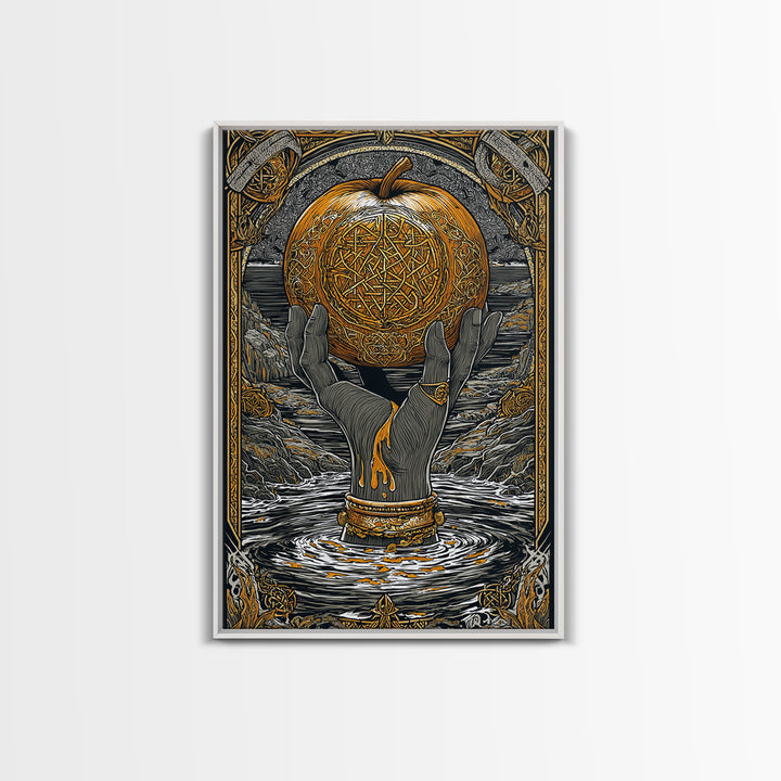 Mythic Apple Offering Canvas Gold Art Canvas Art | Nordic God Wall Art Pagan Symbol Decor | Office or Man Cave | Wood Frame