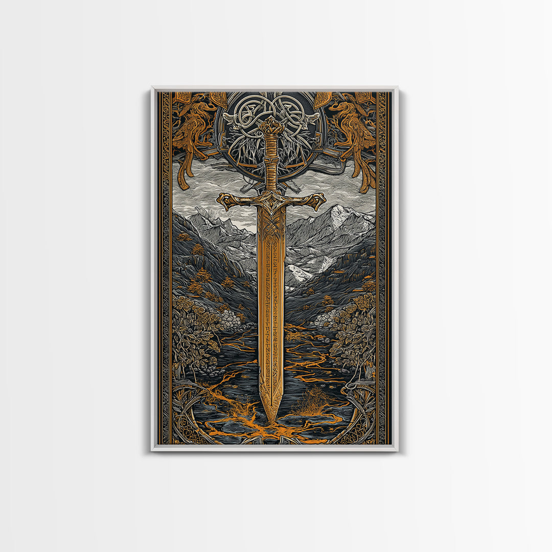Norse Saga Sword Canvas Gold Art, Viking Inspired Canvas Art for Man Cave or Office, Nordic Mythology Wall Decor in real wood frame