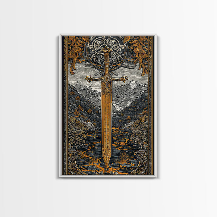 Norse Saga Sword Canvas Gold Art, Viking Inspired Canvas Art for Man Cave or Office, Nordic Mythology Wall Decor in real wood frame