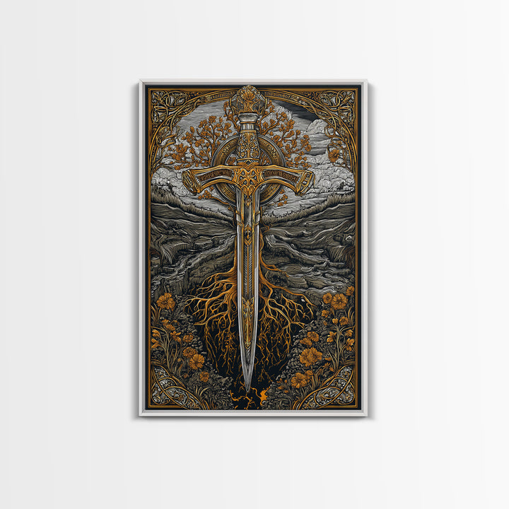 Nordic Sword of Yggdrasil Canvas Gold Art Canvas Art | Viking Mythology Wall Decor for Man Cave or Office | Framed in Real Wood