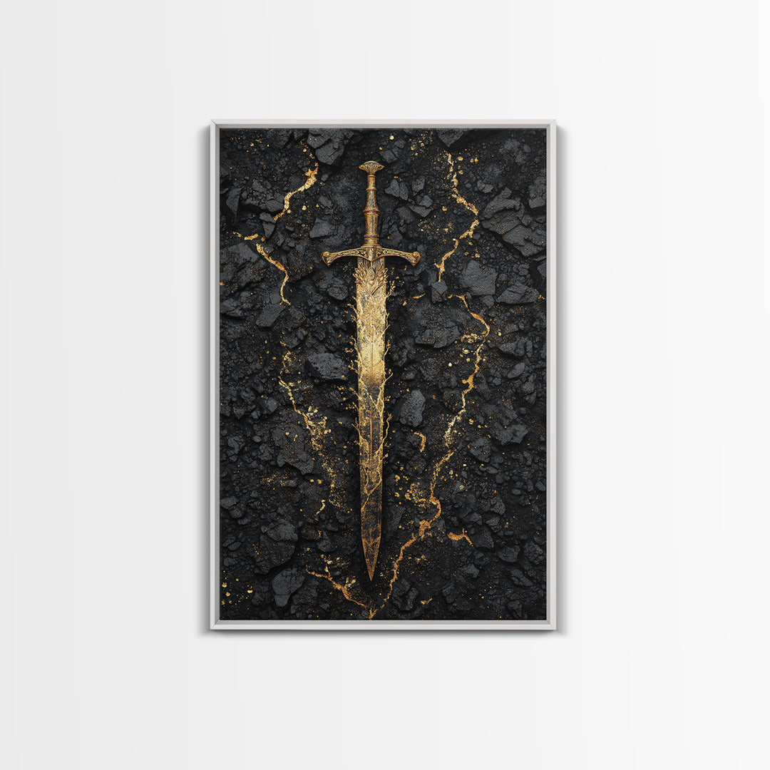 Ancient Viking Sword Canvas Gold Art Canvas Art | Norse Mythology Weapon Wall Decor Office Art Dad Gift | Mounted in Natural Wood