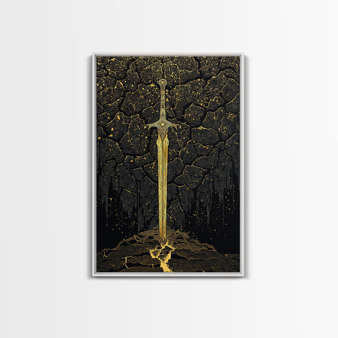 Cracked Earth Viking Blade Canvas Gold Art Canvas Art | Norse Mythology Wall Decor for Office or Man Cave | Framed with Real Wood