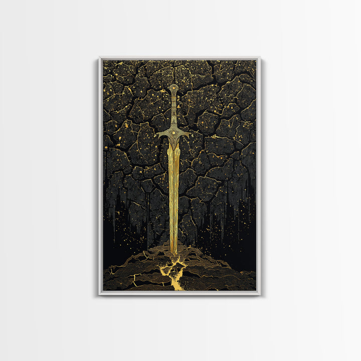 Cracked Earth Viking Blade Canvas Gold Art Canvas Art | Norse Mythology Wall Decor for Office or Man Cave | Framed with Real Wood