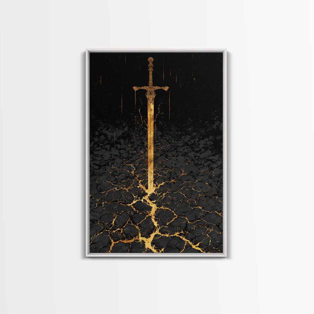 Norse Warrior Sword Canvas Gold Art Canvas Art | Viking Mythology Weapon Wall Decor Dad Gift | Office Art with Natural Wood Frame