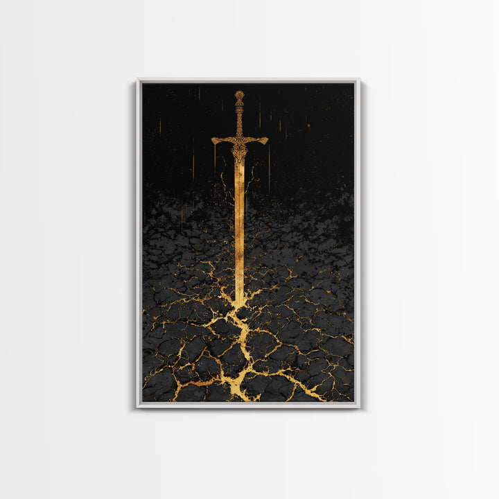 Norse Warrior Sword Canvas Gold Art Canvas Art | Viking Mythology Weapon Wall Decor Dad Gift | Office Art with Natural Wood Frame