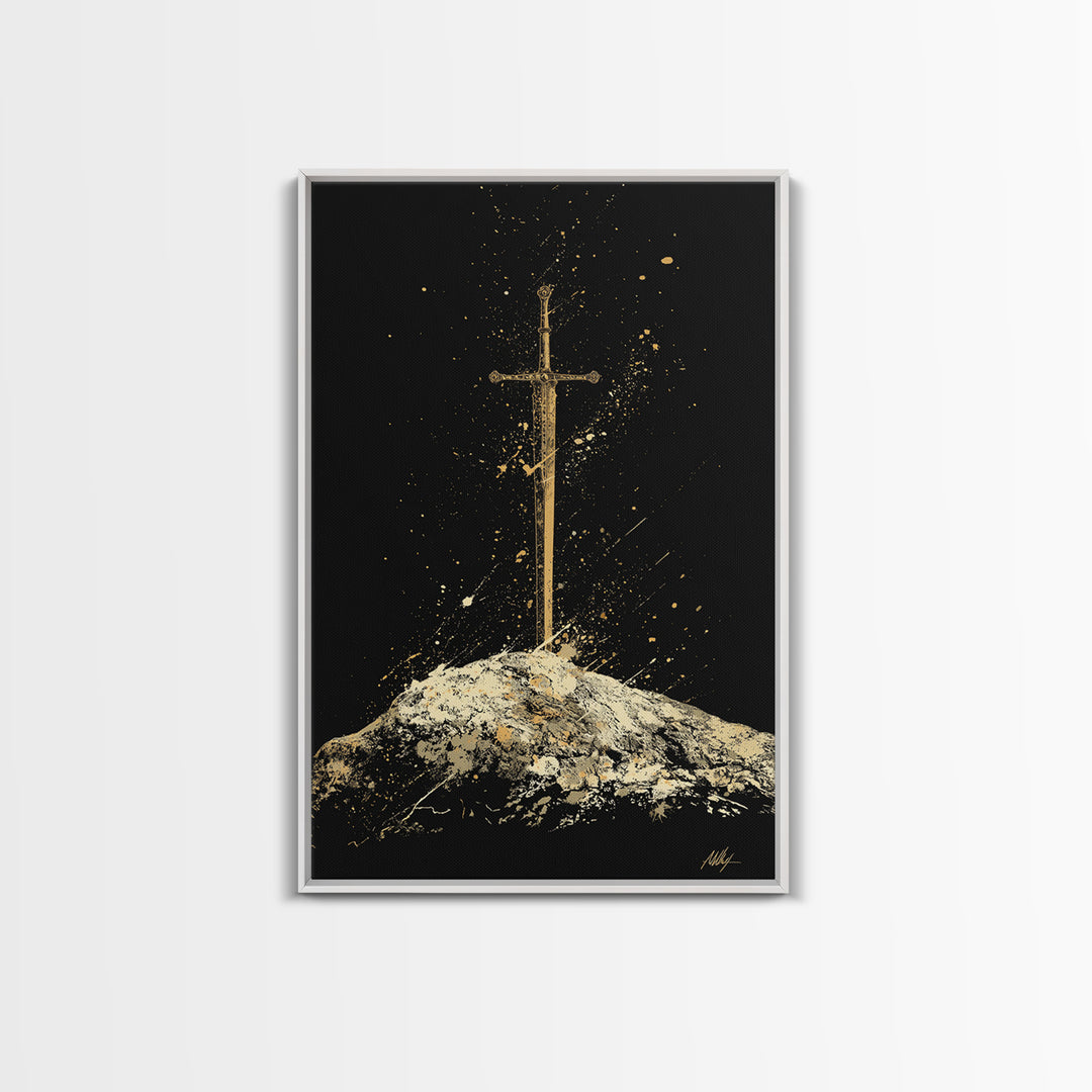 Sword in Stone Canvas Gold Art Canvas Art | Nordic Mythology Viking Weapon Wall Decor Office Art | Framed in Authentic Real Wood