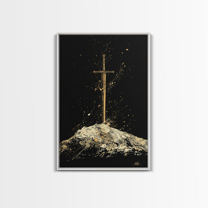 Sword in Stone Canvas Gold Art Canvas Art | Nordic Mythology Viking Weapon Wall Decor Office Art | Framed in Authentic Real Wood