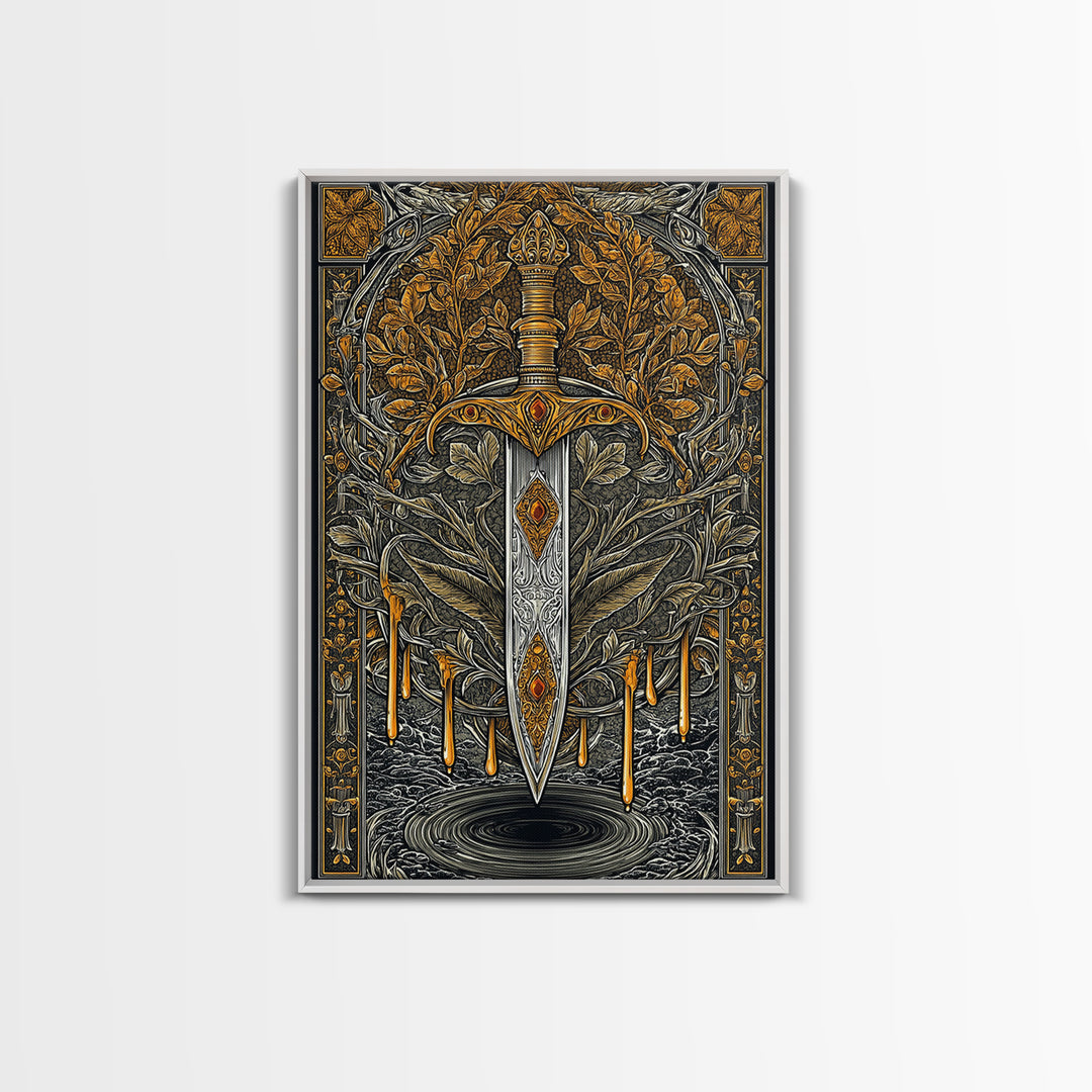 Golden Rune Sword Canvas Gold Art Canvas Art | Viking Mythology Weapon Wall Decor for Dad Gift | Office or Man Cave in Real Wood Frame