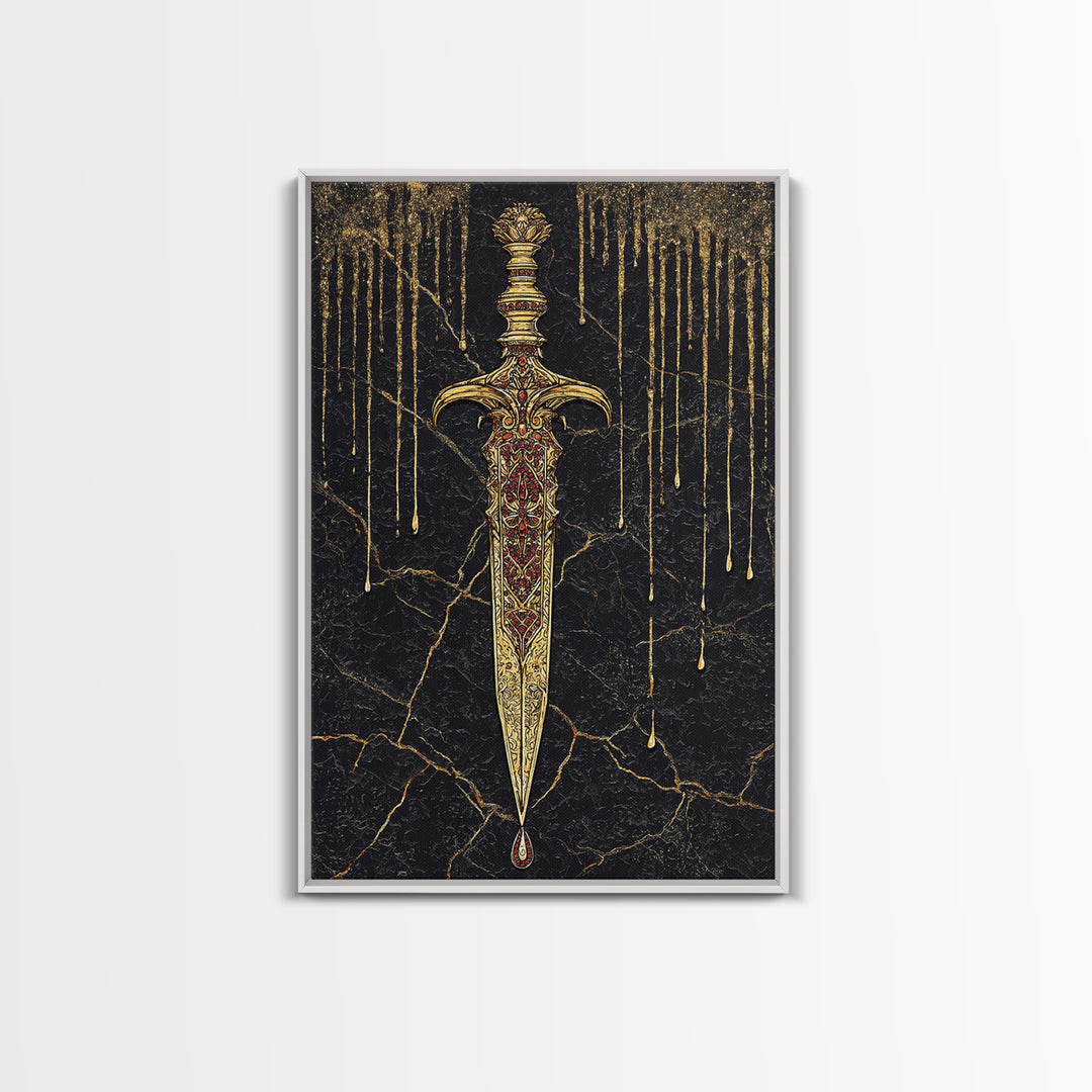 Norse Royal Dagger Canvas Gold Art Canvas Art | Viking Weapon Mythology Wall Decor Office Art | Framed with Solid Natural Wood