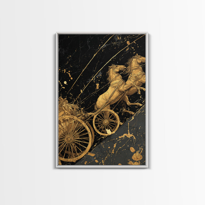 Norse Chariot Canvas Gold Art Canvas Art | Viking Mythology Horse Chariot Wall Decor for Office or Man Cave | Framed in Natural Wood