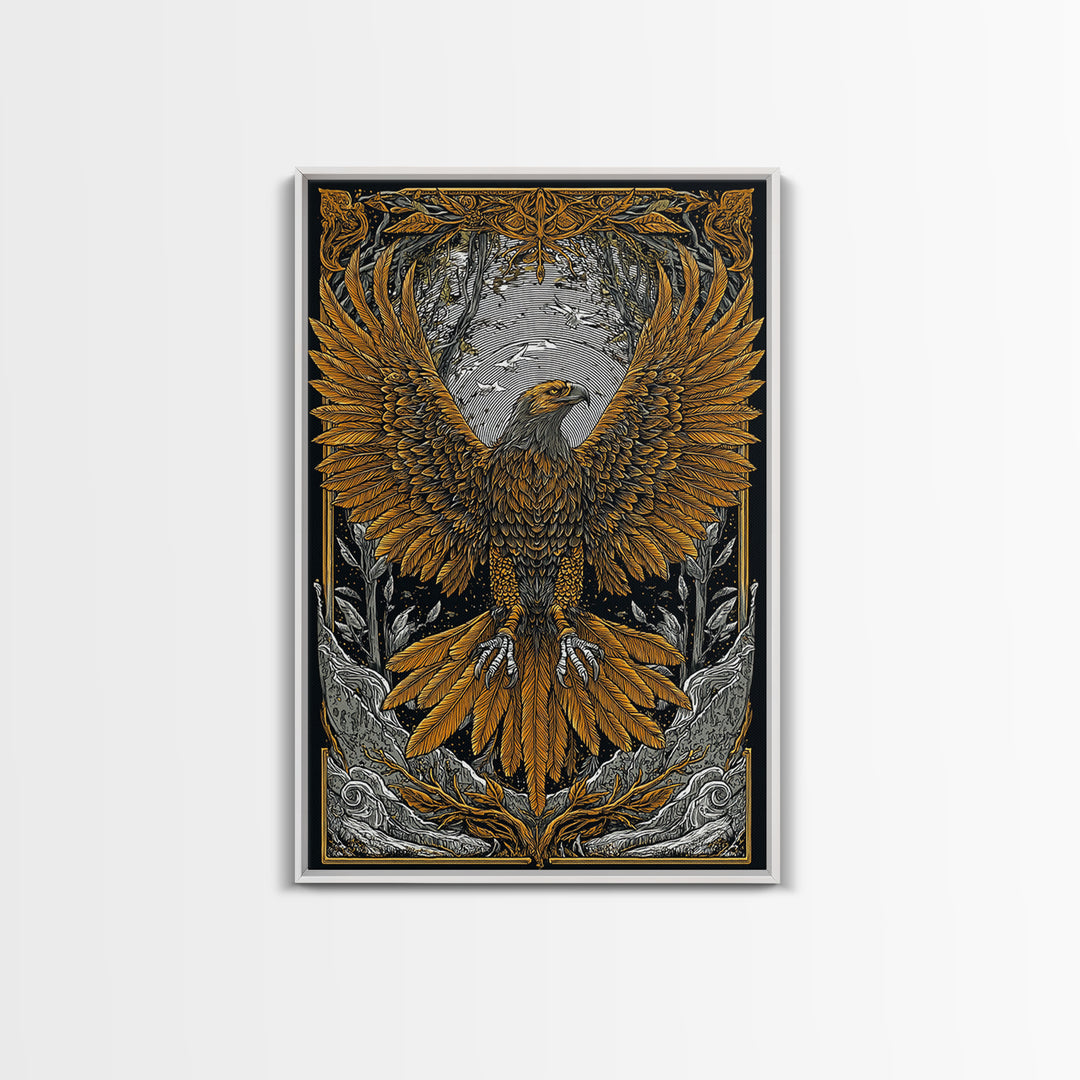 Nordic Eagle Canvas Gold Art Canvas Art Wall Decor for Office or Man Cave, Viking Inspired Artwork in Natural Wood Frame