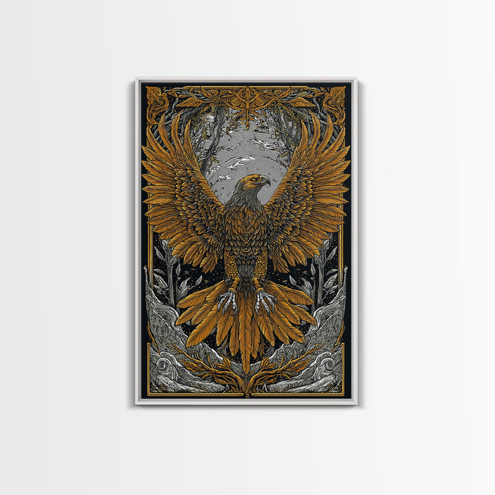 Nordic Eagle Canvas Gold Art Canvas Art Wall Decor for Office or Man Cave, Viking Inspired Artwork in Natural Wood Frame