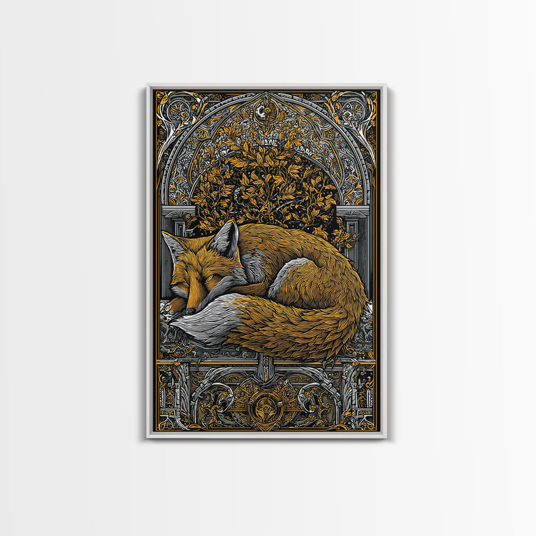Viking Fox Canvas Gold Art Canvas Art Wall Decor, Nordic Mythology Inspired Animal Artwork for Office or Man Cave, Wood Frame