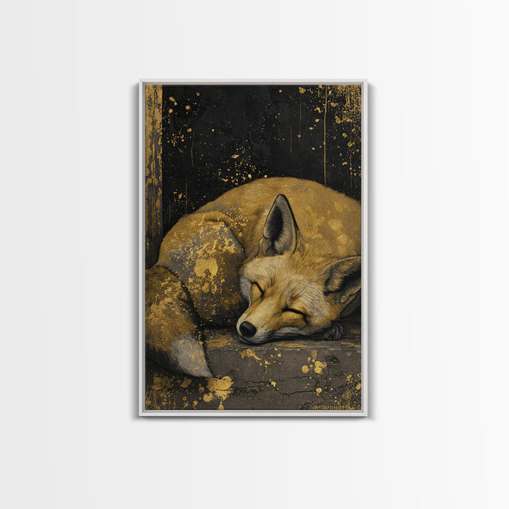 Canvas Art Nordic Fox Canvas Gold Art Wall Hanging, Viking Mythology Decor Gift for Dad or Husband, Framed in Real Wood