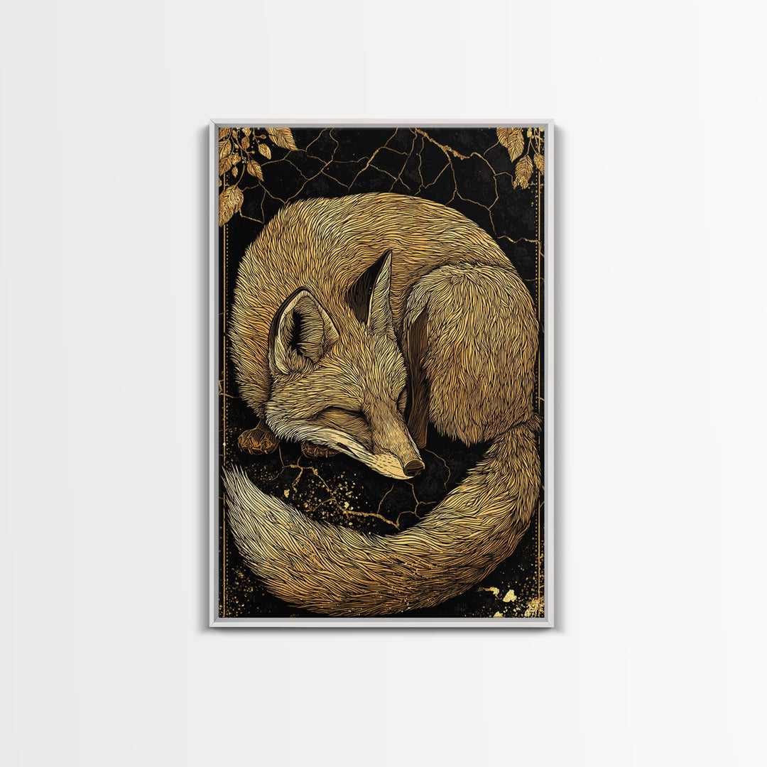 Nordic Sleeping Fox Canvas Gold Art Canvas Art Decor, Viking Myth Inspired Animal Wall Hanging with Natural Wood Frame