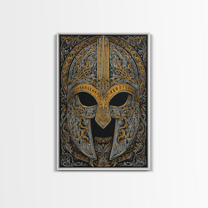 Viking Warrior Helmet Canvas Gold Art Canvas Art Wall Decor, Nordic Mythology Gift for Men or Office, Real Wood Frame Display