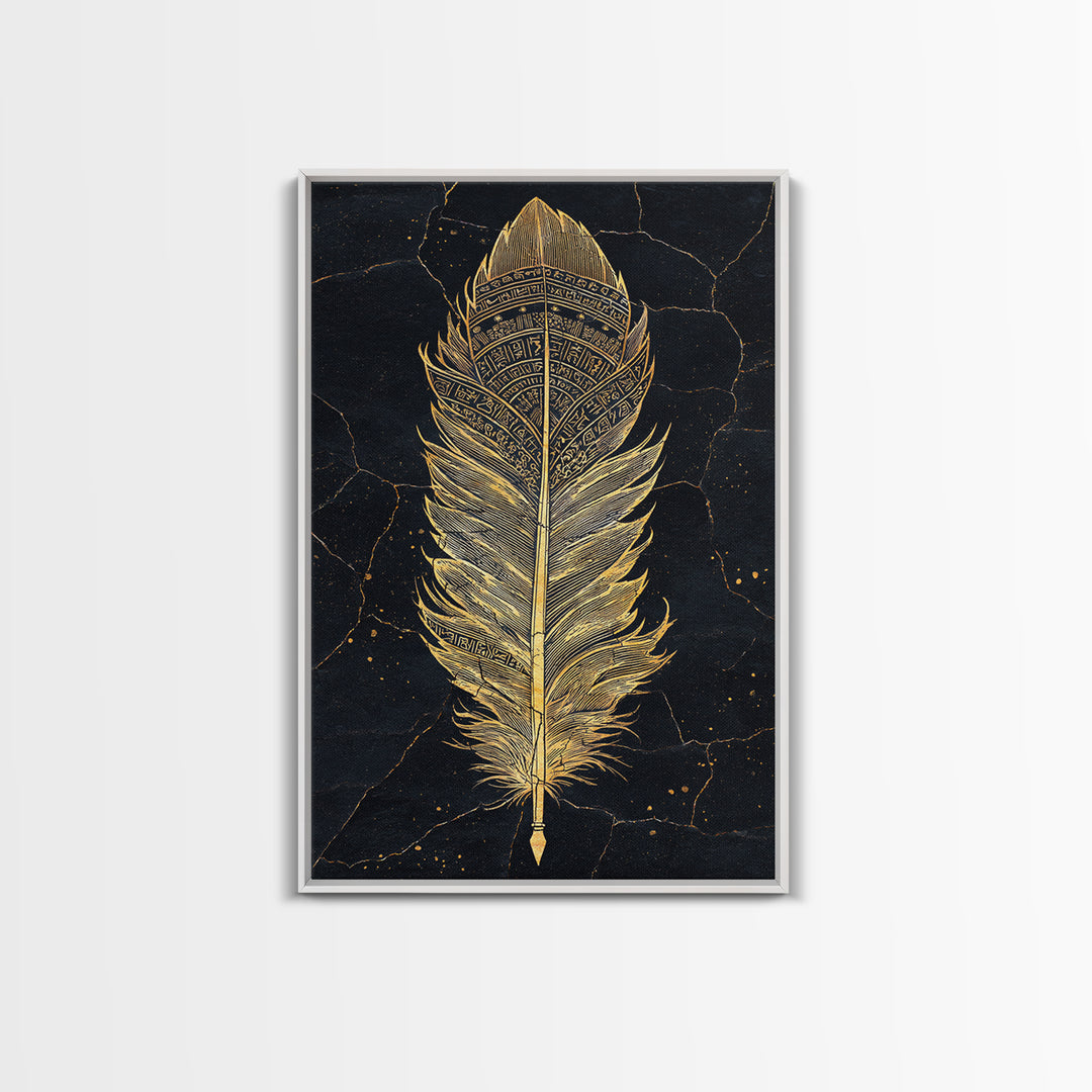 Canvas Gold Art Nordic Feather Canvas Art Wall Decor, Viking Myth Symbol Artwork for Men’s Office or Dad Gift, Real Wood Frame
