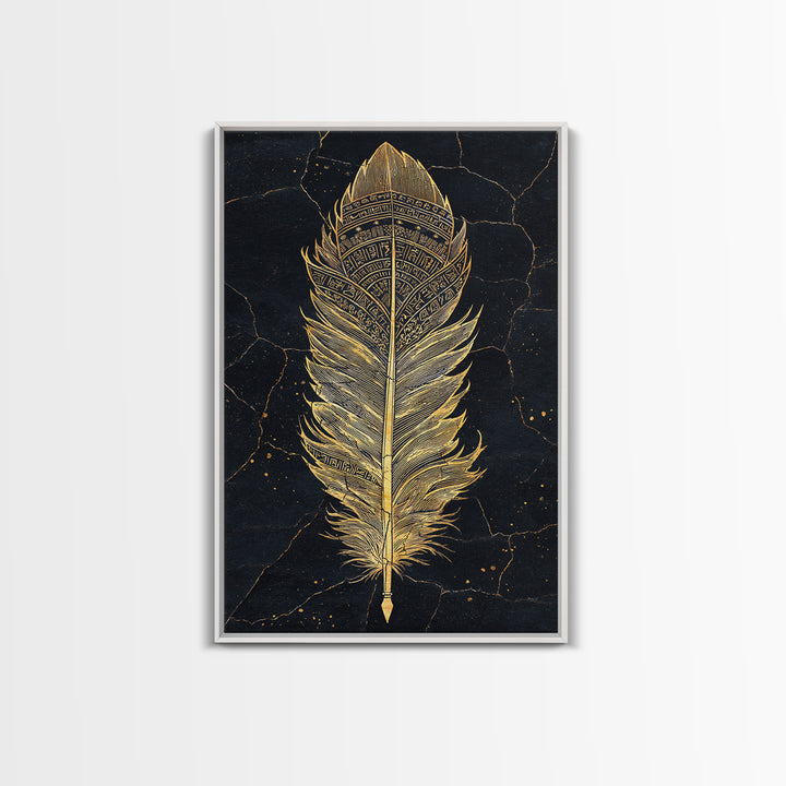 Canvas Gold Art Nordic Feather Canvas Art Wall Decor, Viking Myth Symbol Artwork for Men’s Office or Dad Gift, Real Wood Frame