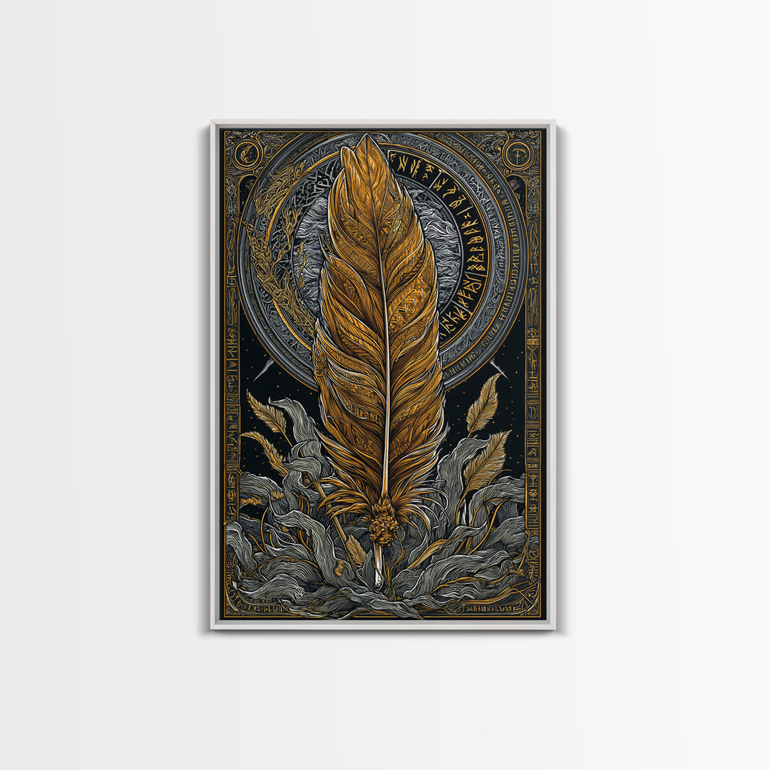 Nordic Mythology Feather Canvas Gold Art Canvas Art Wall Decor, Viking Symbolic Artwork for Man Cave or Office, Natural Wood Frame
