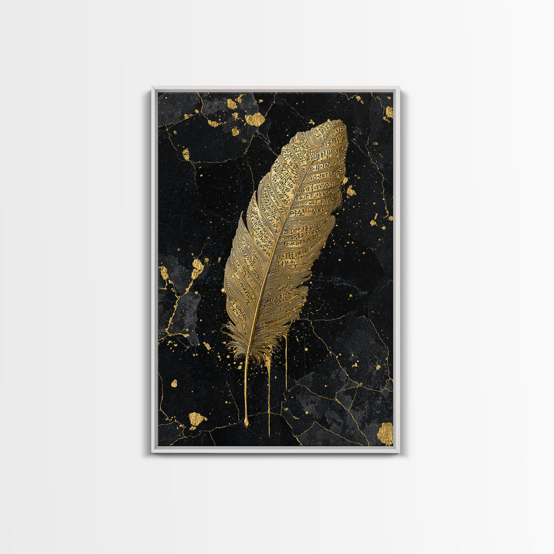 Runic Feather Canvas Gold Art, Nordic Mythology Inspired Canvas Art for Office or Man Cave, Framed in Natural Wood