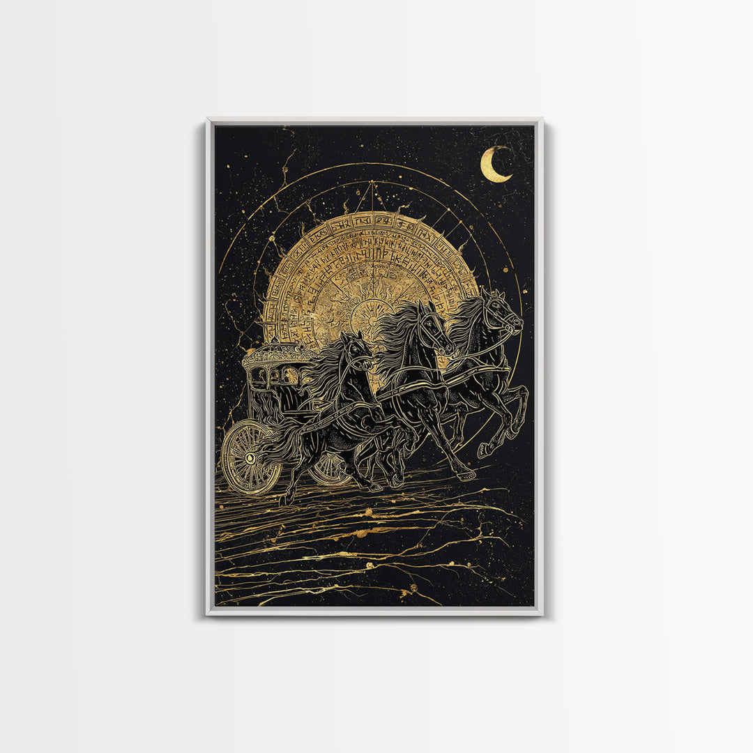 Norse Sun Chariot Canvas Gold Art, Nordic Mythology Horses Canvas Art for Dad Gift or Office Decor, with Real Wood Frame