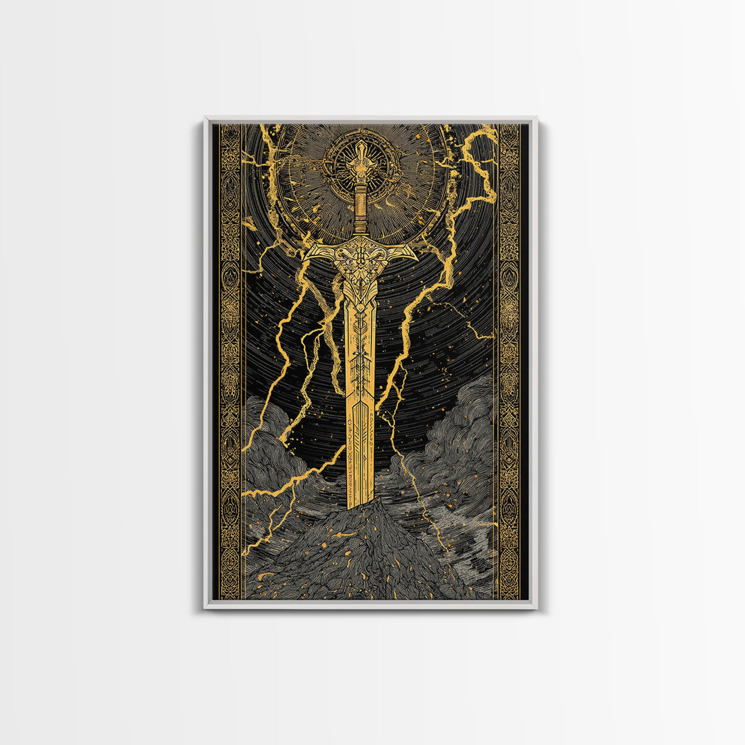 Thor’s Sword Canvas Gold Art, Viking Weapon Nordic Mythology Canvas Art for Man Cave or Office Wall, Real Wood Frame Included