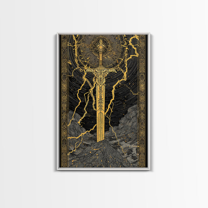 Thor’s Sword Canvas Gold Art, Viking Weapon Nordic Mythology Canvas Art for Man Cave or Office Wall, Real Wood Frame Included