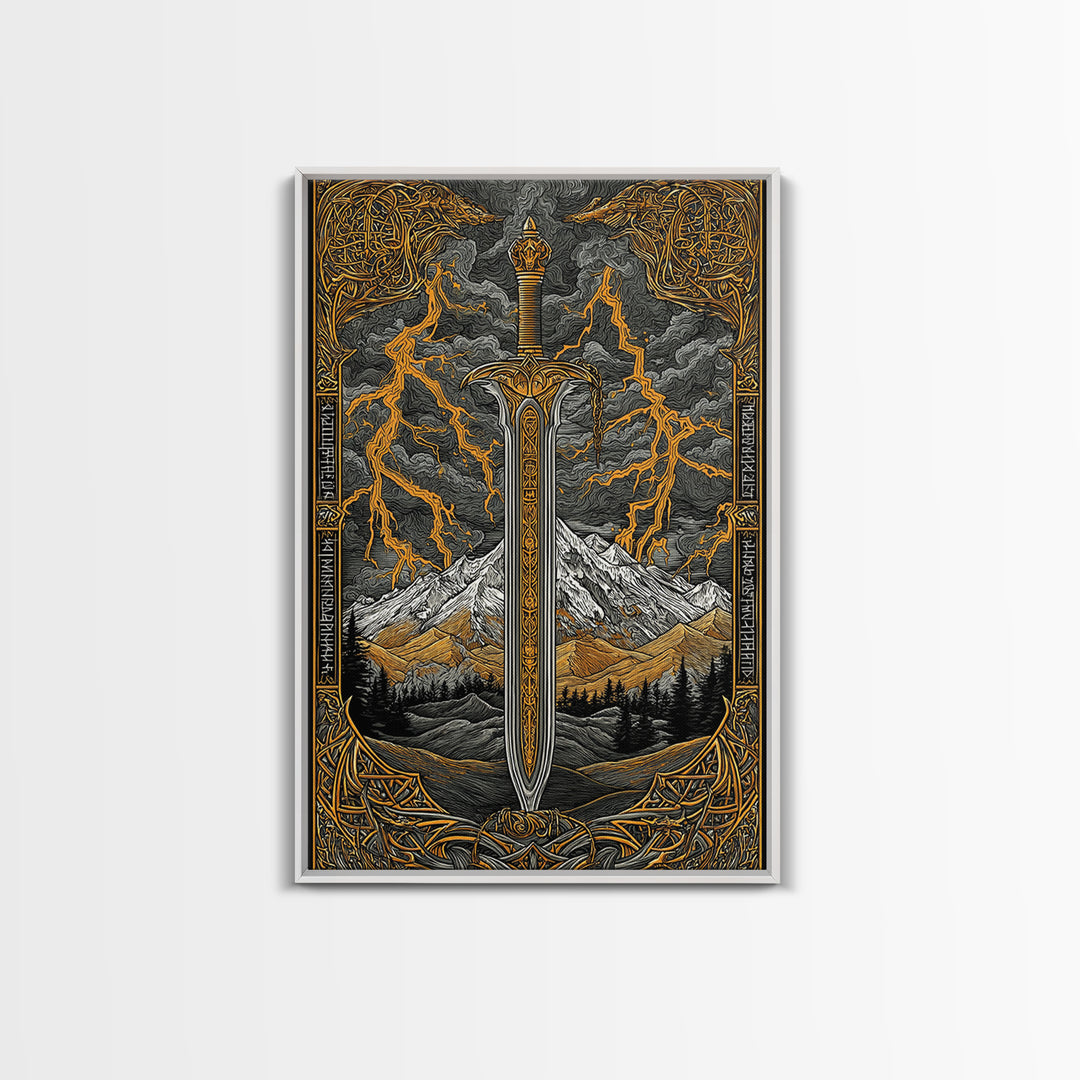 Odin’s Blade Canvas Gold Art, Lightning and Mountain Viking Sword Nordic Canvas Art, Office or Man Cave Decor, Wood Framed