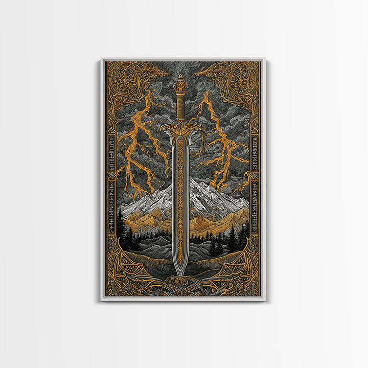 Odin’s Blade Canvas Gold Art, Lightning and Mountain Viking Sword Nordic Canvas Art, Office or Man Cave Decor, Wood Framed