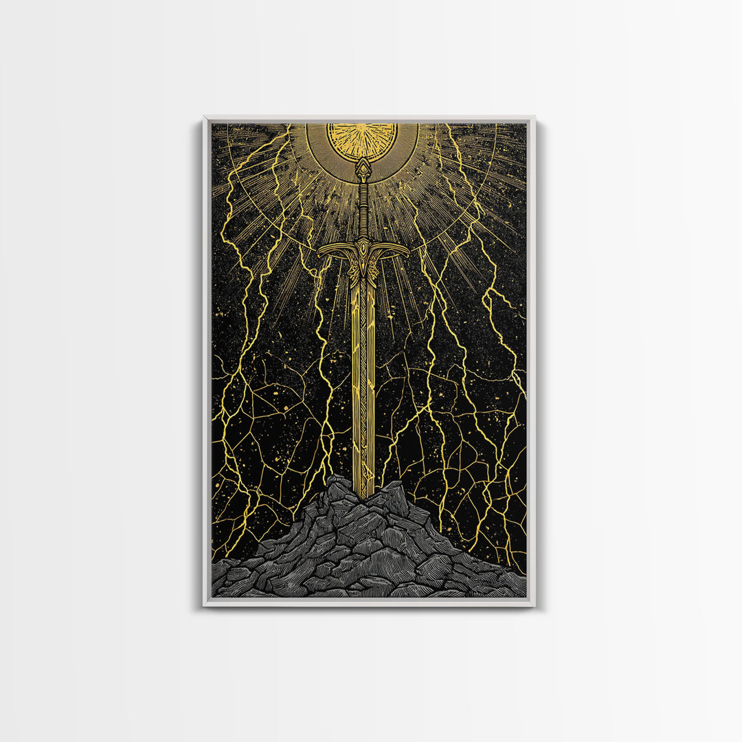Viking Sword Canvas Gold Art, Norse Mythology Weapon Canvas Art with Lightning, Office Wall or Dad Gift, Framed in Wood