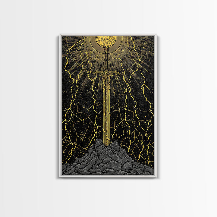 Viking Sword Canvas Gold Art, Norse Mythology Weapon Canvas Art with Lightning, Office Wall or Dad Gift, Framed in Wood