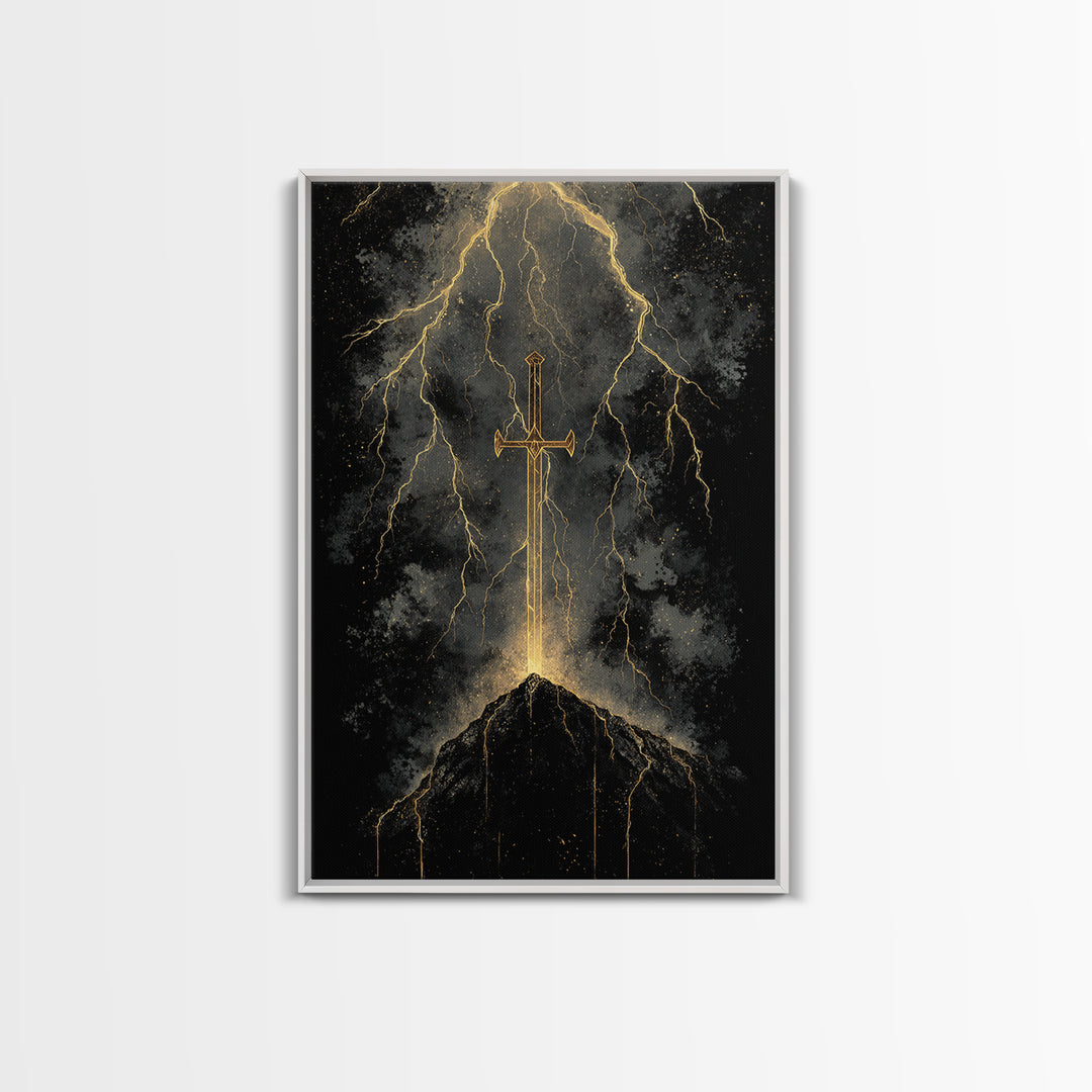 Storm Forged Sword Canvas Gold Art, Nordic Mythology Canvas Art with Lightning Strikes, Man Cave Office Decor, Real Wood Frame