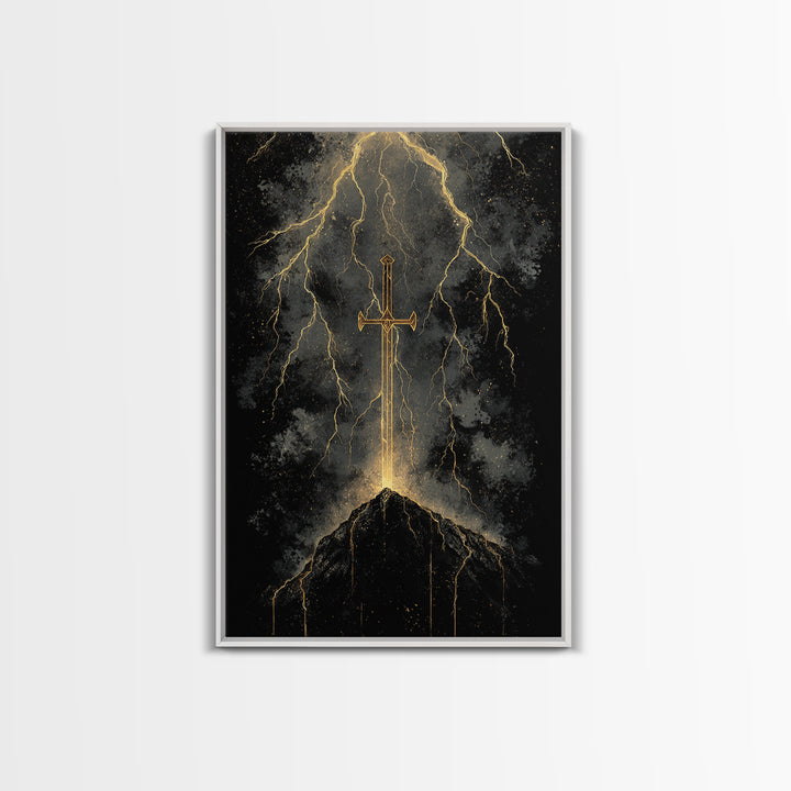 Storm Forged Sword Canvas Gold Art, Nordic Mythology Canvas Art with Lightning Strikes, Man Cave Office Decor, Real Wood Frame
