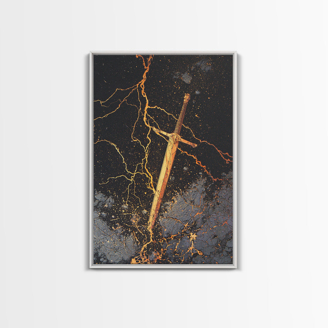 Runed Viking Sword Canvas Gold Art, Nordic Mythology Inspired Canvas Art for Office Wall or Man Cave, Natural Wood Frame