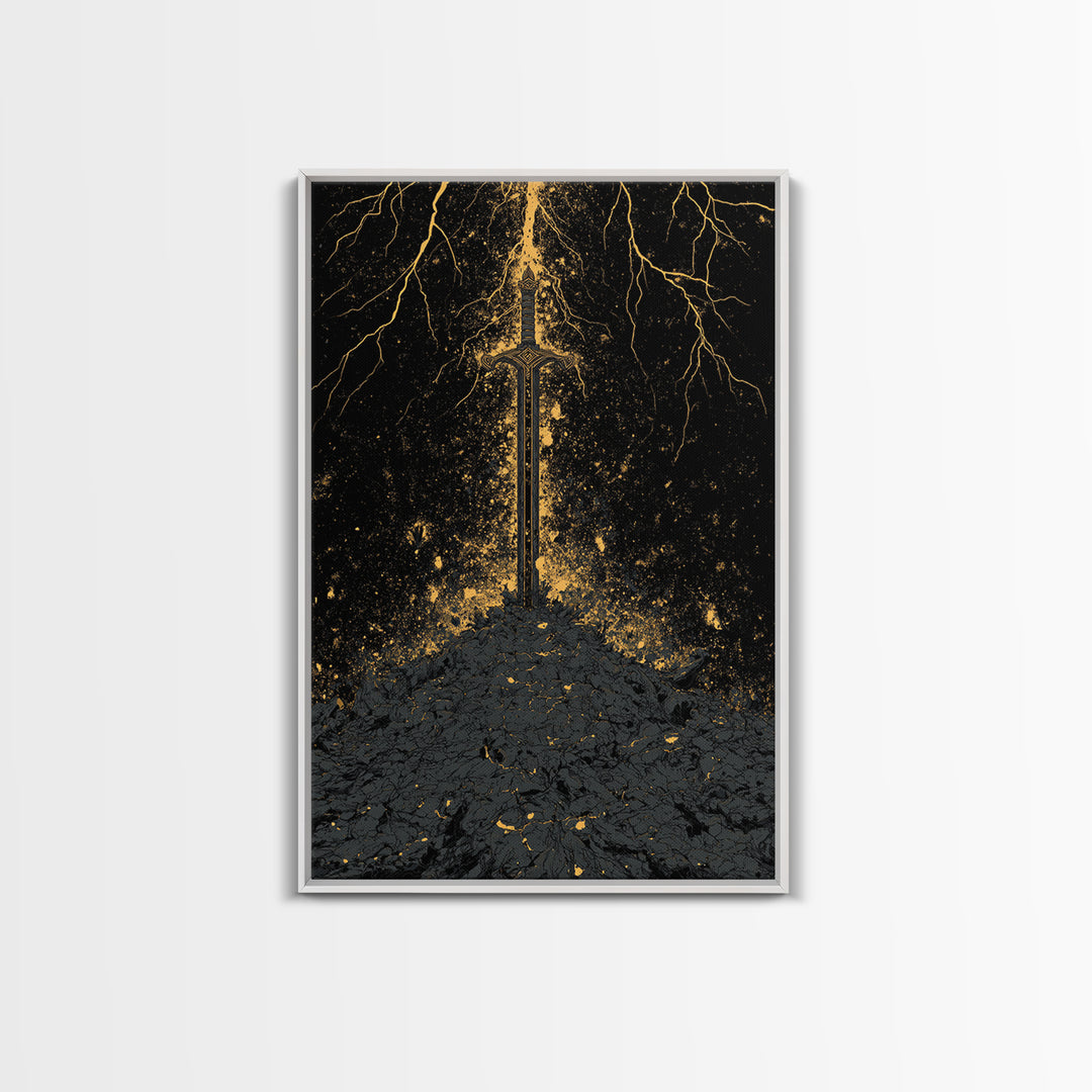 Nordic Throne Canvas Gold Art, Viking Symbolism Canvas Art with Wolves and Carvings, Office or Dad Gift, Framed in Natural Wood