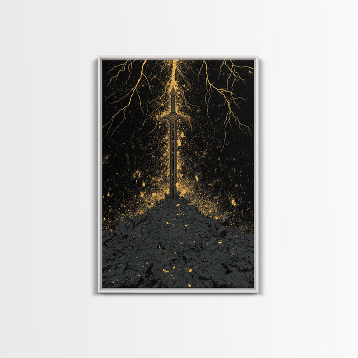 Nordic Throne Canvas Gold Art, Viking Symbolism Canvas Art with Wolves and Carvings, Office or Dad Gift, Framed in Natural Wood