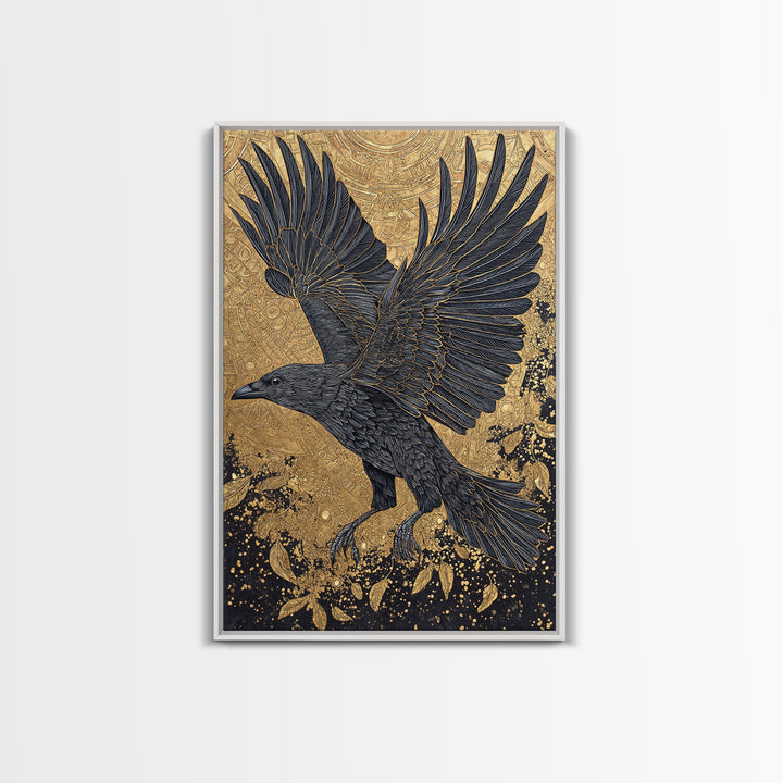 Raven of Odin Canvas Gold Art Canvas Art | Norse Mythology Wall Decor | Viking Symbol Office Art Dad Gift | Natural Wood Frame